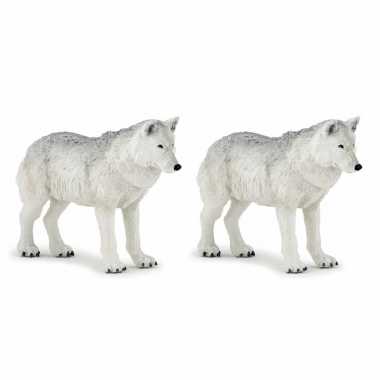 Set van 2x stuks plastic speelgoed figuur witte wolven 9,5 cm
